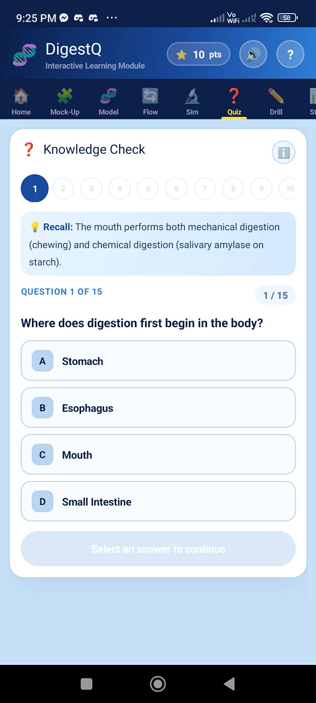 DigestQ Quiz screen